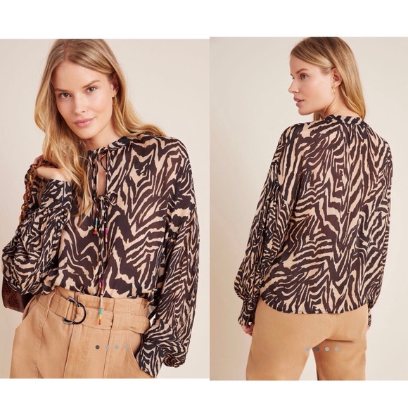 Bl-nk London Anthropologie Arely Blouse Animal Zebra Print Brown Beige Size XS - Picture 1 of 8